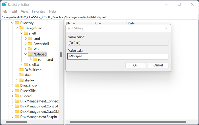 Change the value of "Default" key to "&Notepad"
